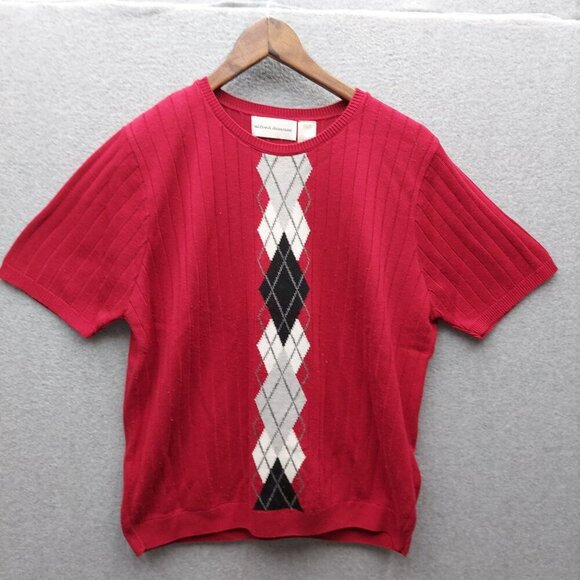 Alfred Dunner Red Argyle Knit Short Sleeve Sweater L 100% Acrylic Womens Pullove - Picture 1 of 3